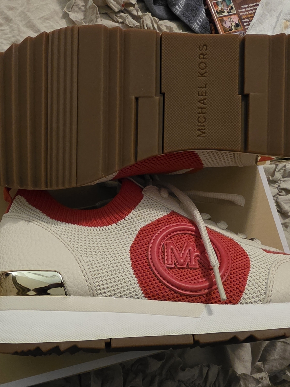 Michael Kors Red & Cream Knit Logo Sneakers - Picture 2 of 4